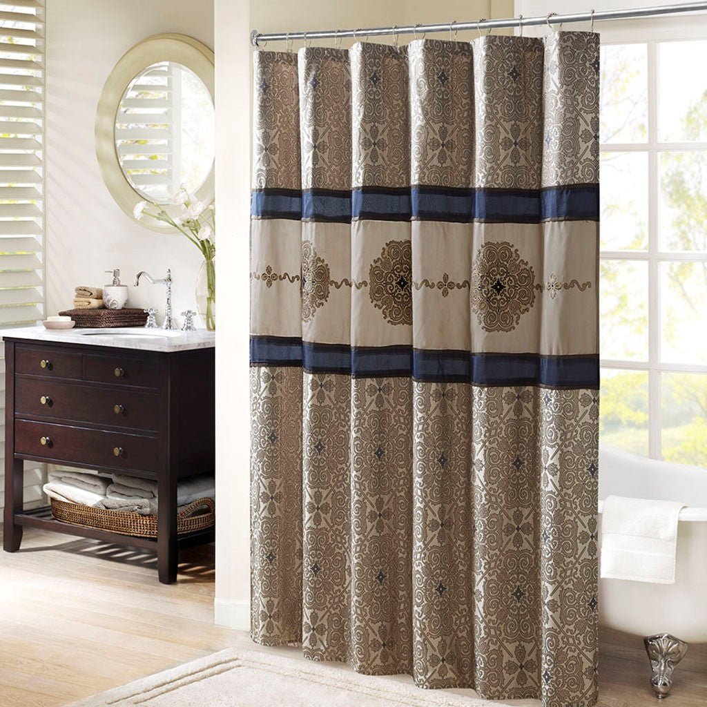 Madison Park Donovan Embroidered Shower Curtain - Navy - 72x72"