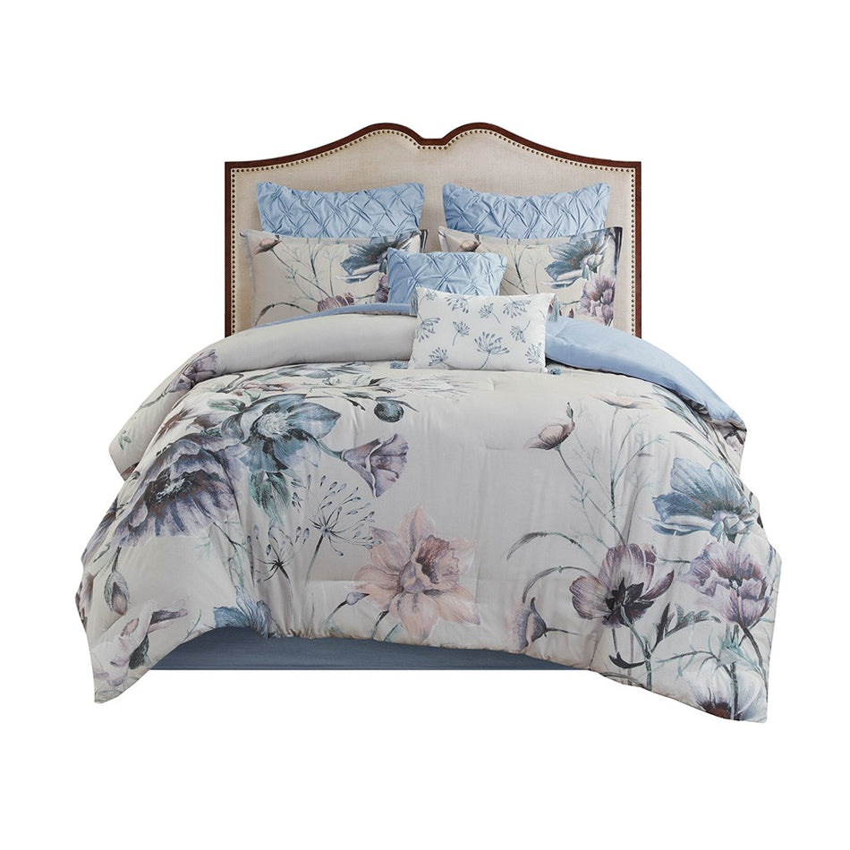 Cassandra 8 Piece Cotton Printed Comforter Set - Blue - Cal King Size