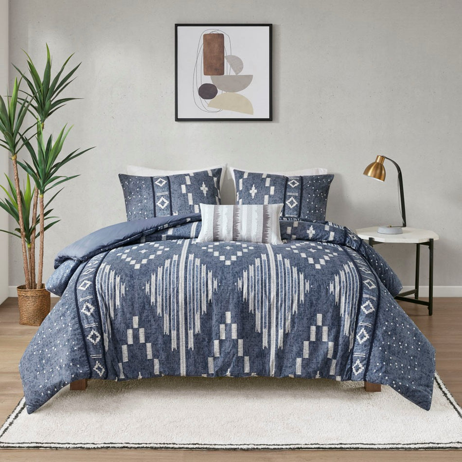Inari Cotton Printed Duvet Cover Set With Trims - Indigo Blue - Full Size / Queen Size