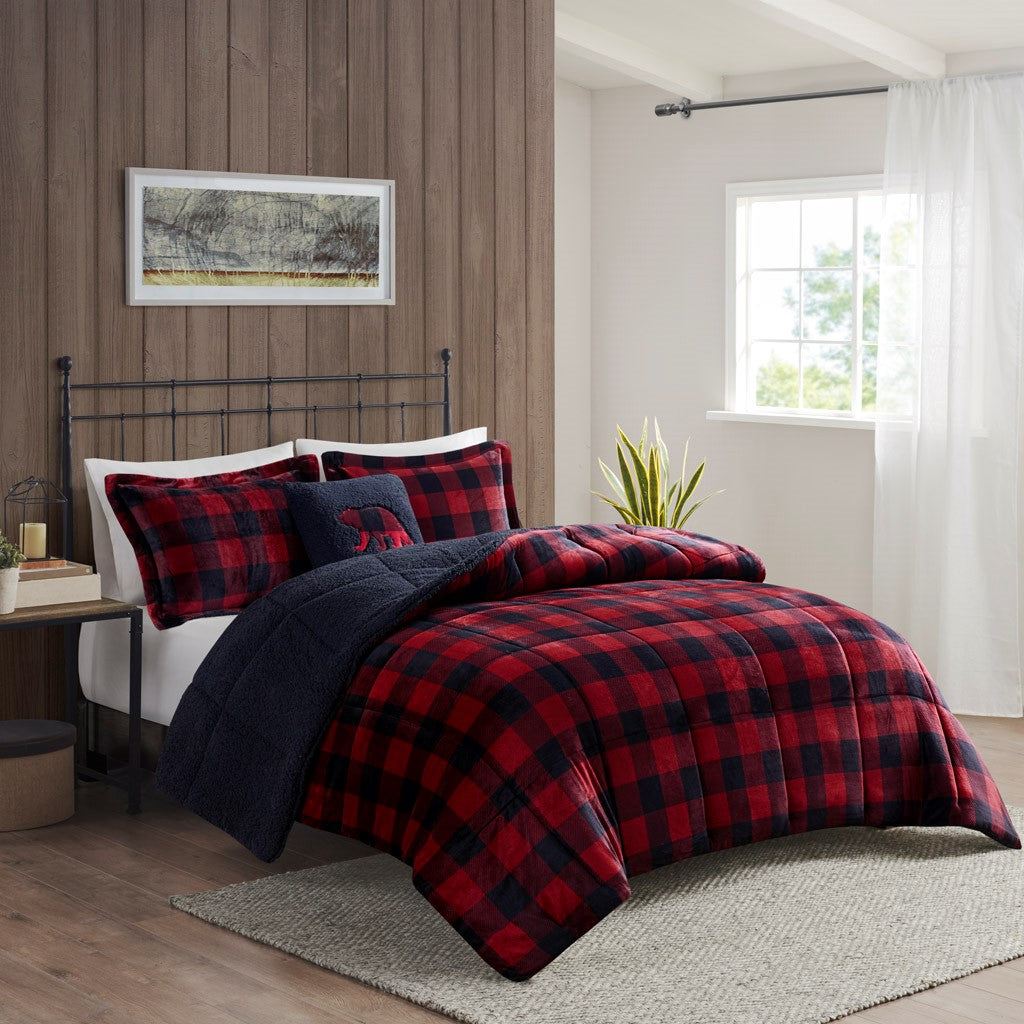 Woolrich Alton Plush to Sherpa Down Alternative Comforter Set - Red / Black Buffalo Check - King Size