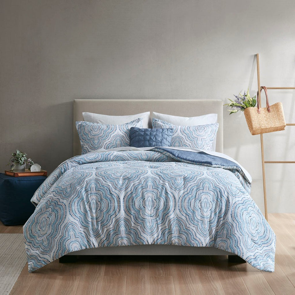Domino 8 Piece Comforter Set with Bed Sheets - Blue - King Size
