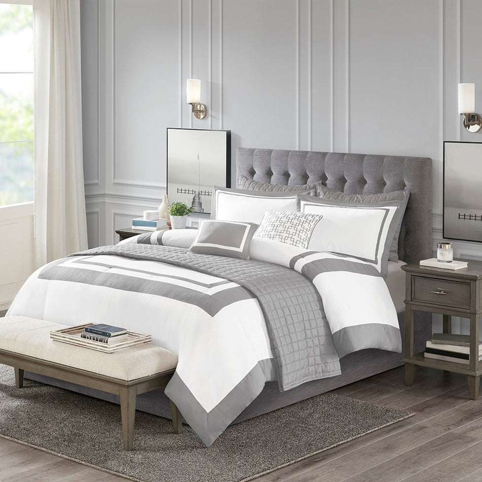 Madison Park Heritage 8 Piece Comforter and Coverlet Set Collection - Grey - Full Size / Queen Size