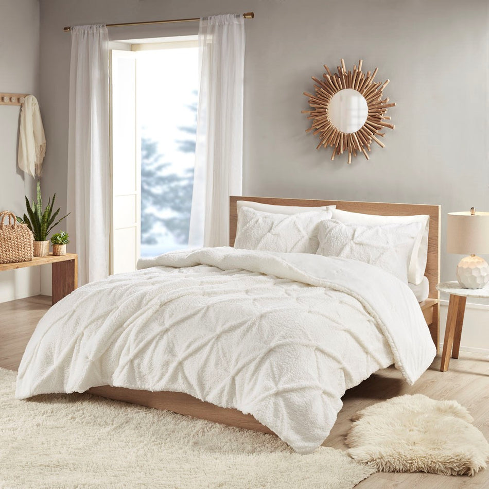 True North by Sleep Philosophy Addison Pintuck Sherpa Down Alternative Comforter Set - Ivory - Full Size / Queen Size