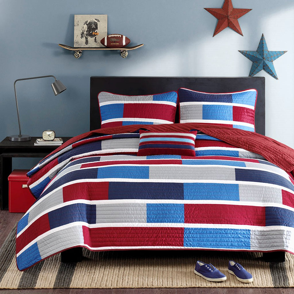 Bradley Reversible Quilt Set with Throw Pillow - Navy / Red - Full Size / Queen Size