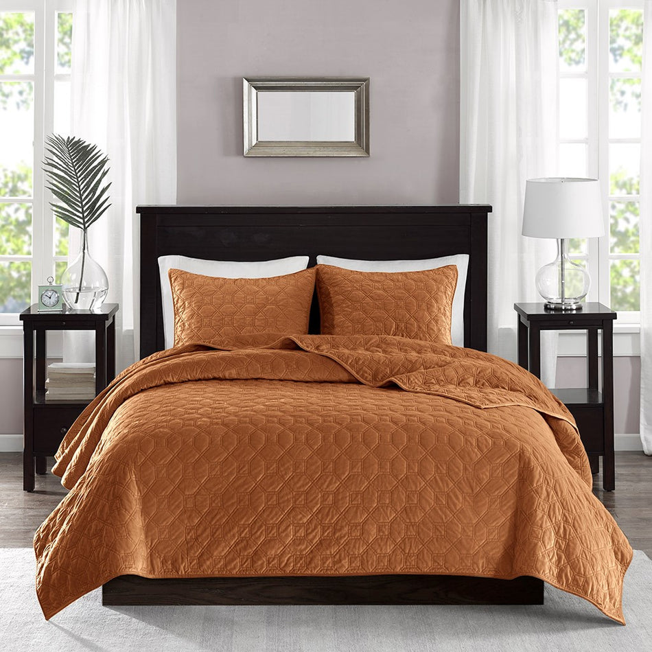 Harper 3 Piece Velvet Quilt Set - Rust - Full Size / Queen Size