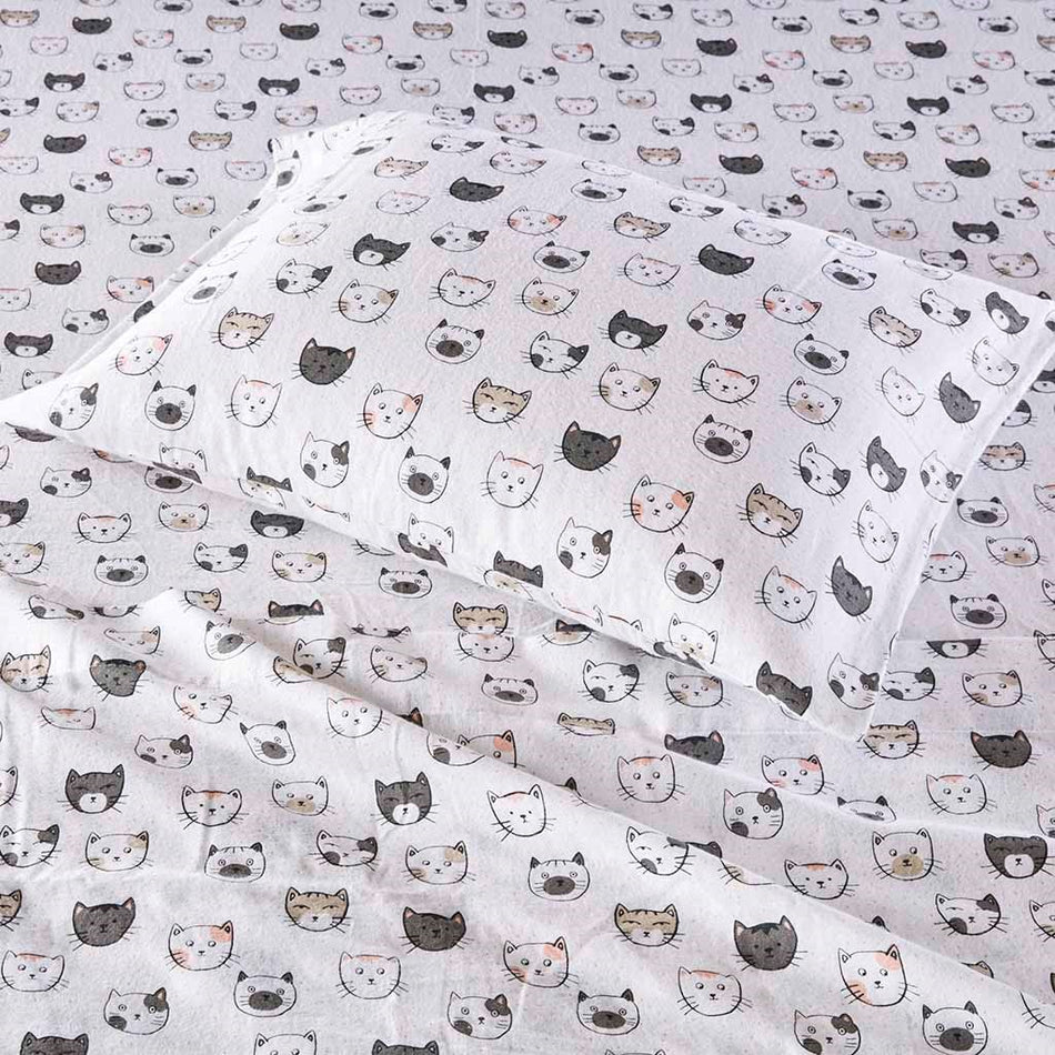 Cozy Soft Cotton Flannel Printed Sheet Set - Grey / Pink Cats - Twin XL Size