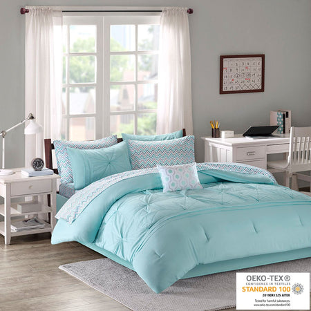 Intelligent Design Toren Embroidered Comforter Set with Bed Sheets - Aqua - Twin Size