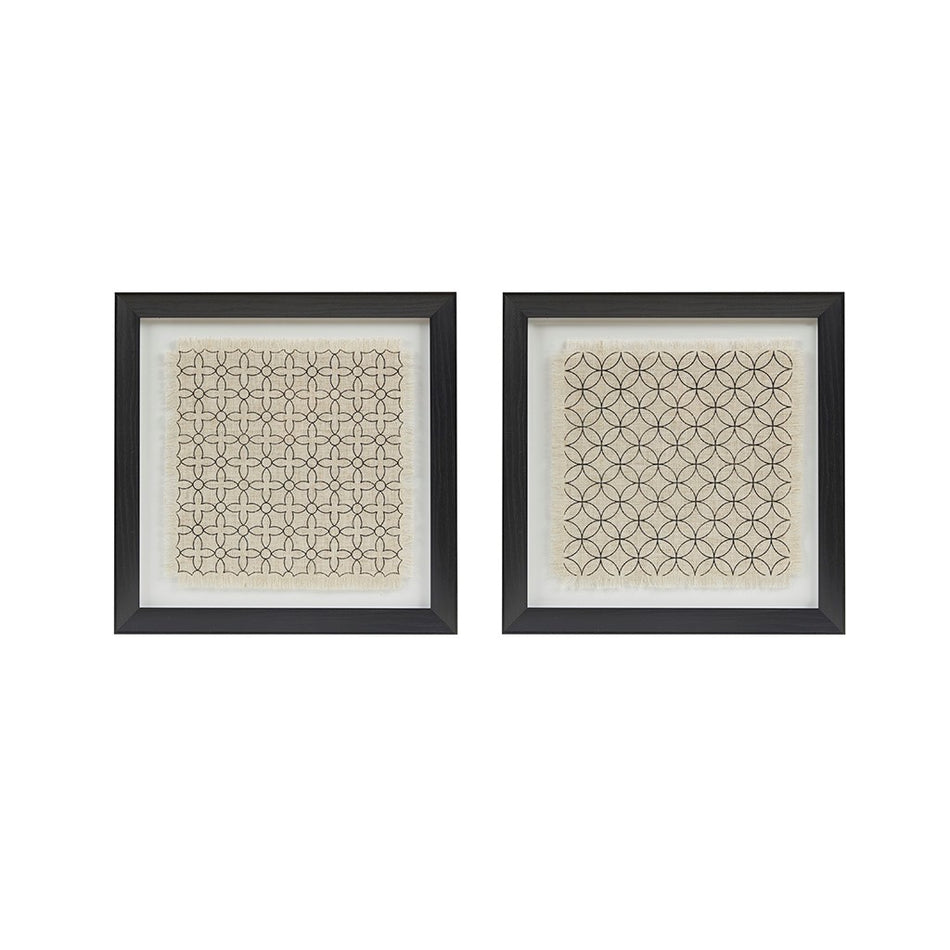 Parquet Black and White Printed Linen Framed 13.41x13.41" 2 Piece Set - Beige / Natural