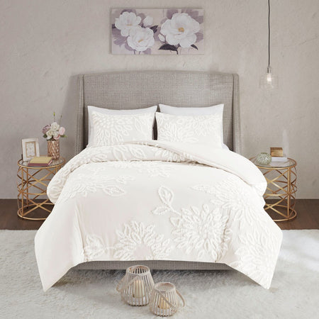 Madison Park Veronica 3 Piece Tufted Cotton Chenille Floral Duvet Cover Set - Off White  - Full Size / Queen Size Shop Online & Save - ExpressHomeDirect.com