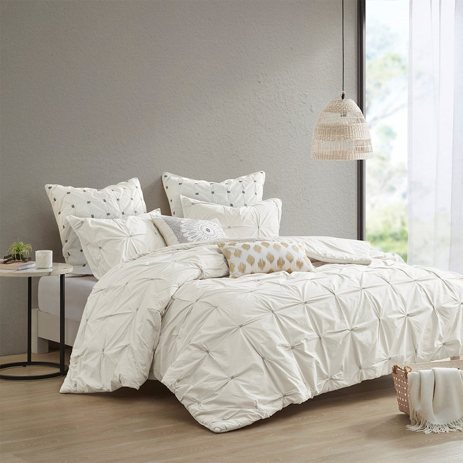 INK+IVY Masie 3 Piece Elastic Embroidered Cotton Duvet Cover Set - White - King Size / Cal King Size