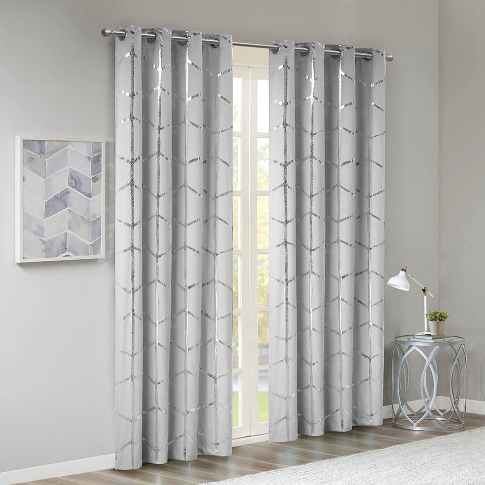 Raina Total Blackout Metallic Print Grommet Top Curtain Panel - Grey / Silver - 50x63"