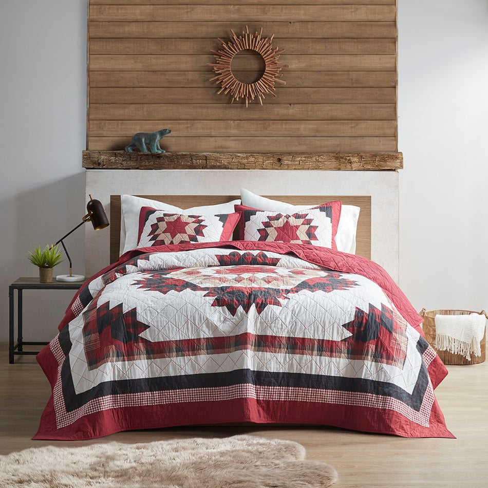 Compass Cotton Quilt Mini Set - Red - King Size / Cal King Size