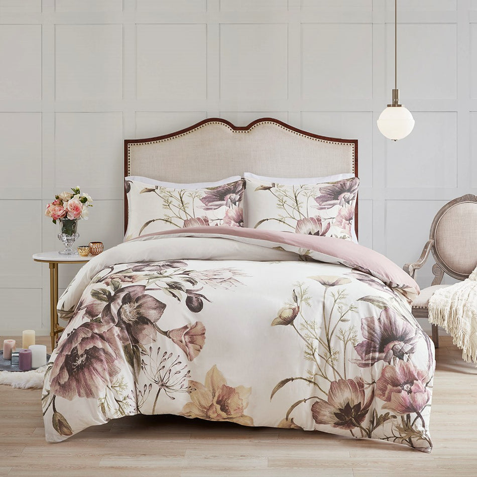 Cassandra 3 Piece Cotton Printed Duvet Cover Set - Blush - Full Size / Queen Size