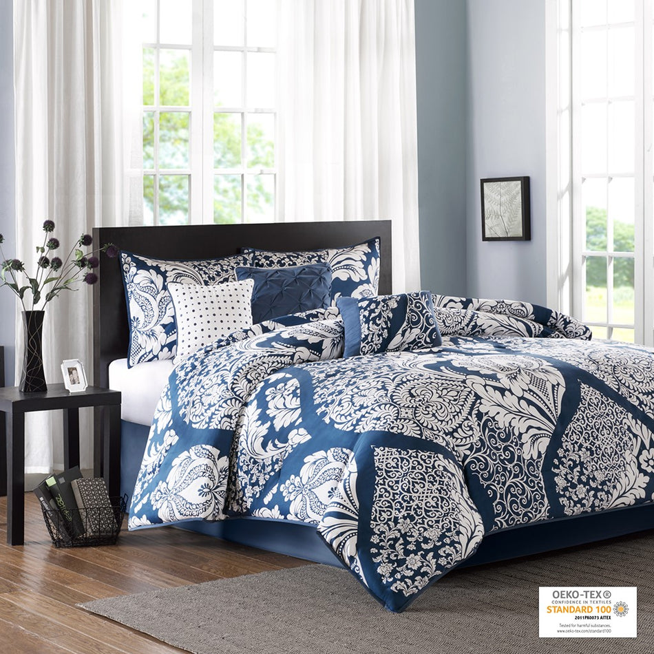 Madison Park Vienna 7 Piece Cotton Printed Comforter Set - Indigo - Queen Size