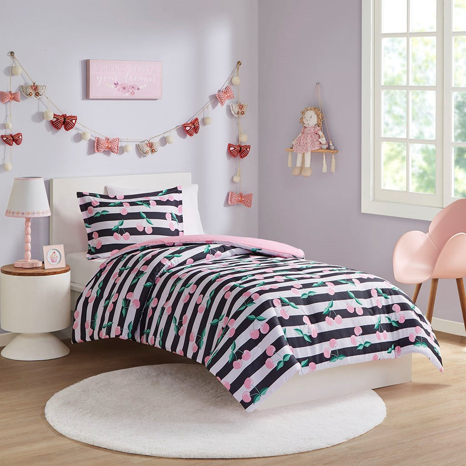 Mi Zone Kids Audrey Cherries Printed Comforter Set - Pink / Black - Full Size / Queen Size