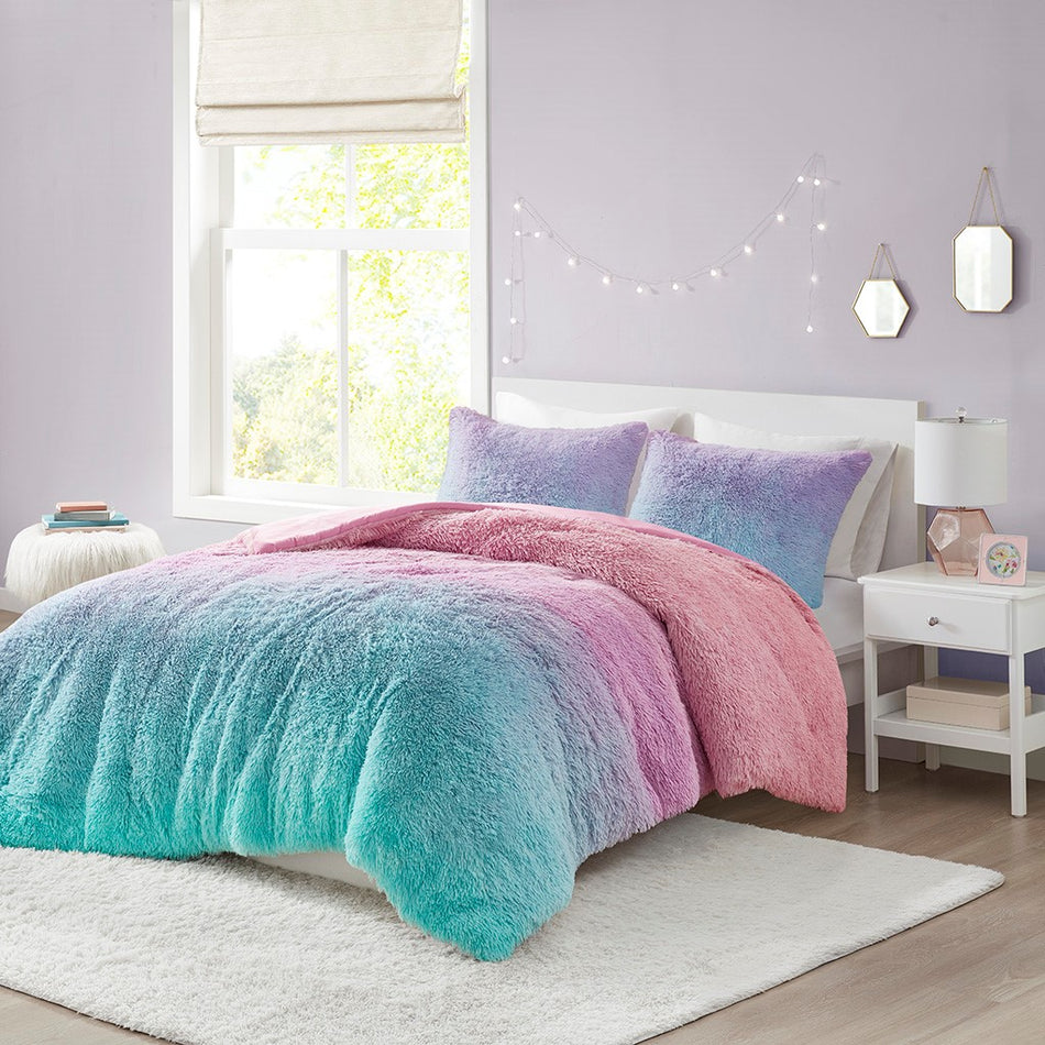 Mi Zone Primrose Ombre Shaggy Faux Fur Comforter Set - Purple Multi - Full Size / Queen Size
