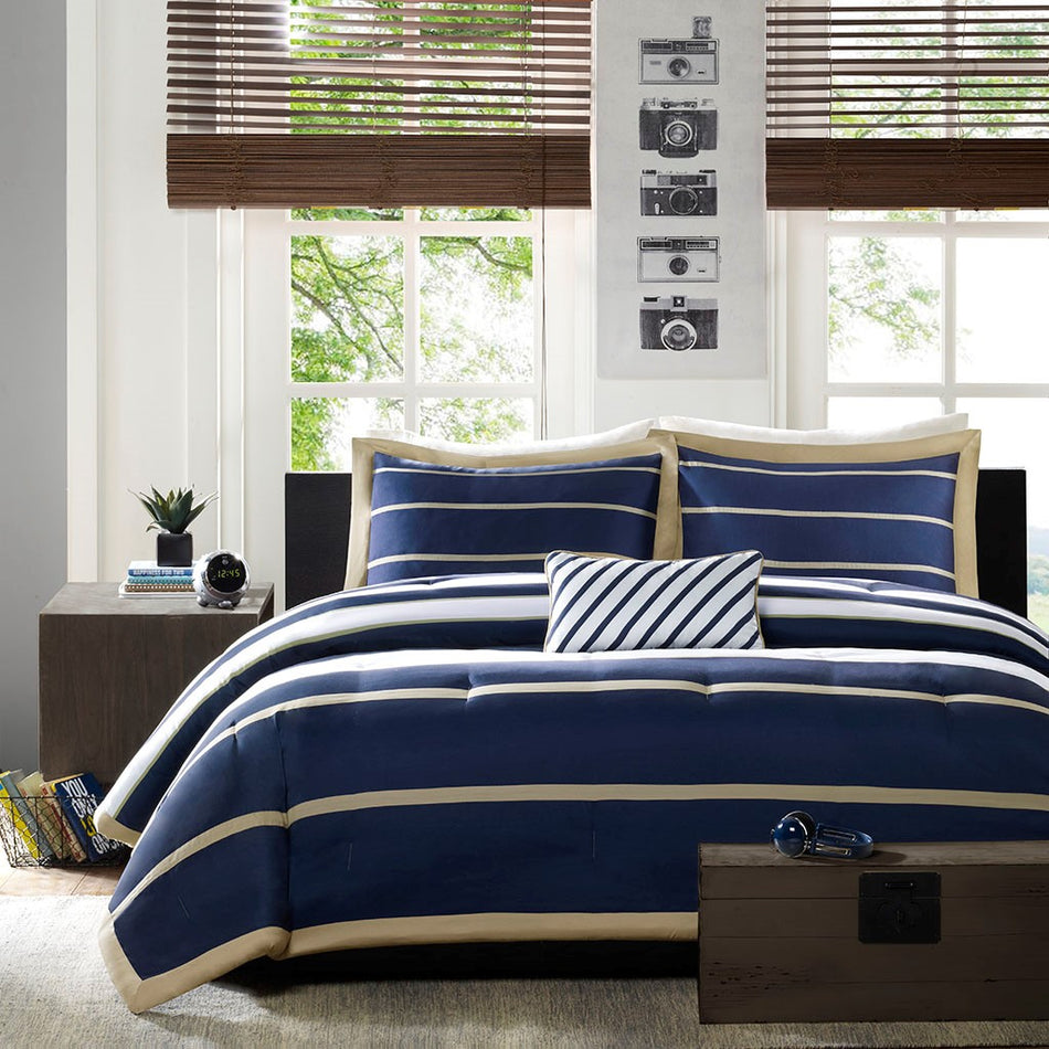 Ashton Comforter Set - Khaki / Navy - Twin Size / Twin XL Size