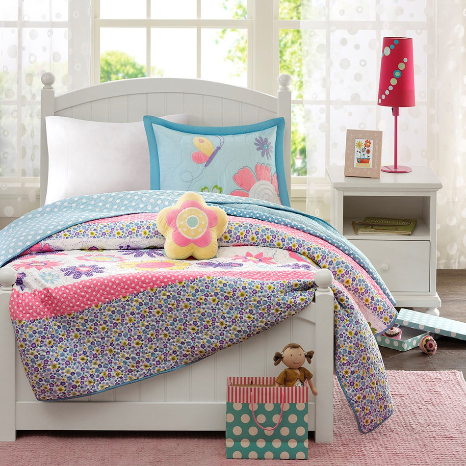 Crazy Daisy Reversible Quilt Set with Throw Pillow - Multicolor - Twin Size