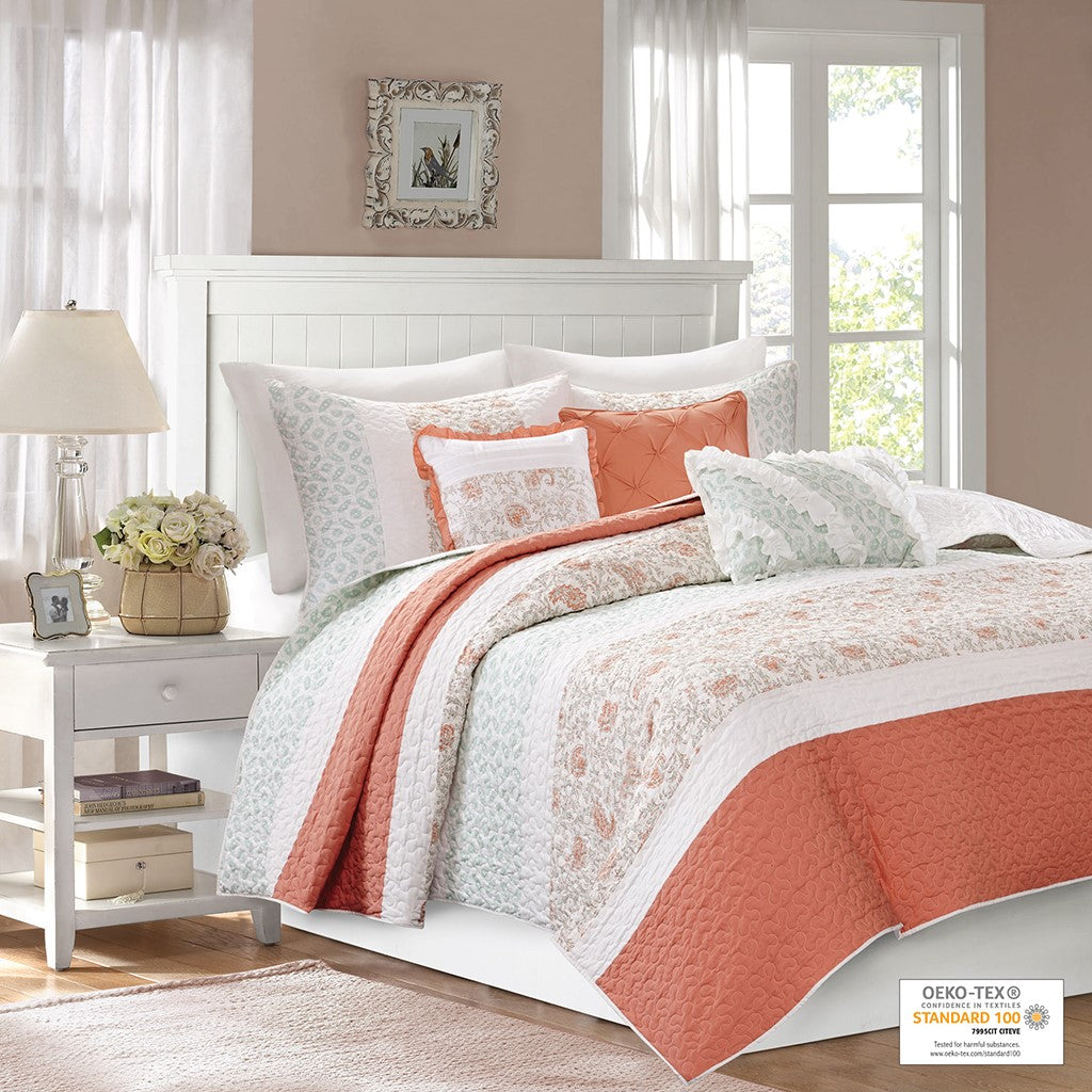 Madison Park Dawn 6 Piece Cotton Percale Quilt Set with Throw Pillows - Coral - Full Size / Queen Size