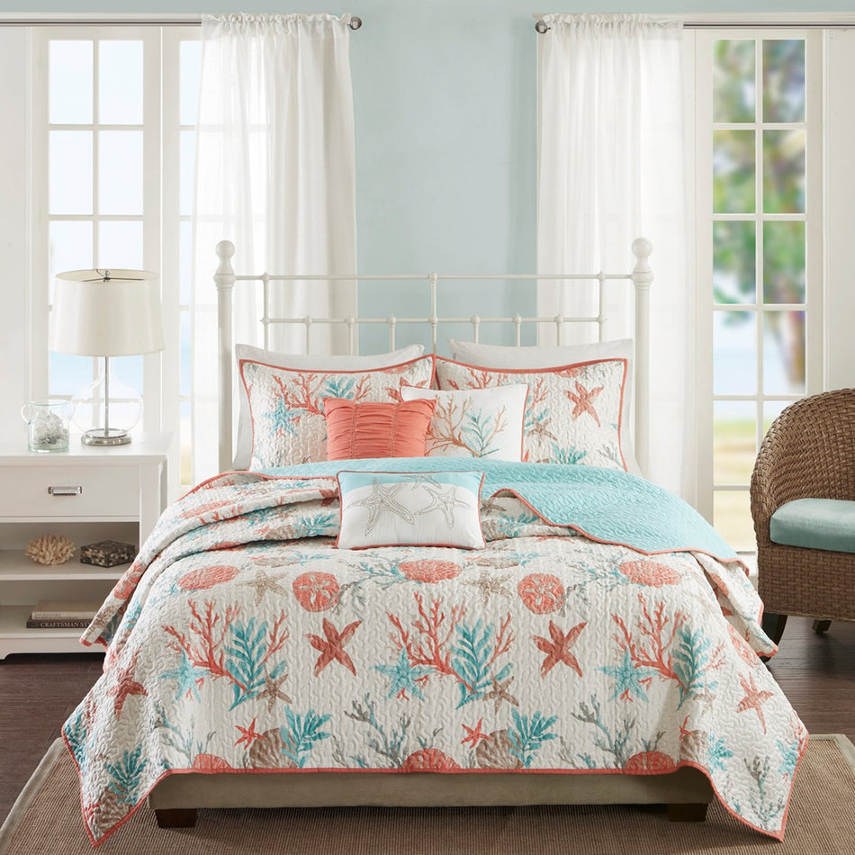 Pebble Beach 6 Piece Cotton Sateen Quilt Set with Throw Pillows - Coral - Full Size / Queen Size
