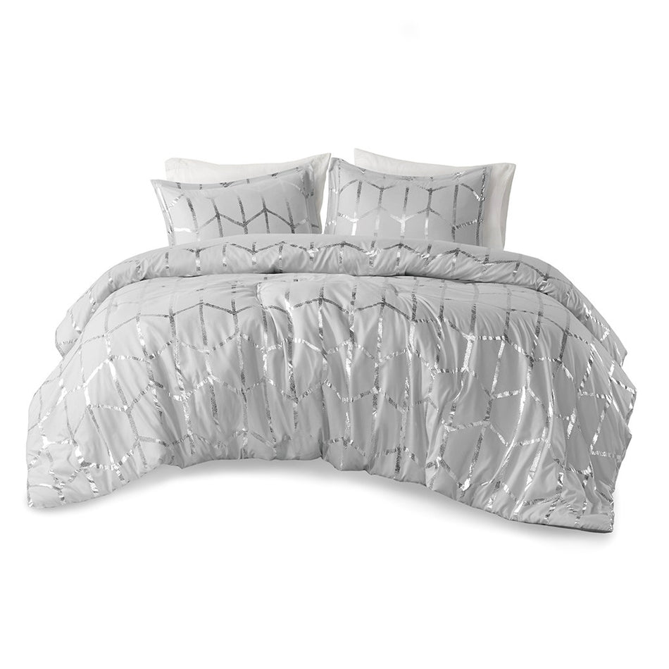 Raina Metallic Printed Comforter and Sham Set - Grey / Silver - Full Size / Queen Size