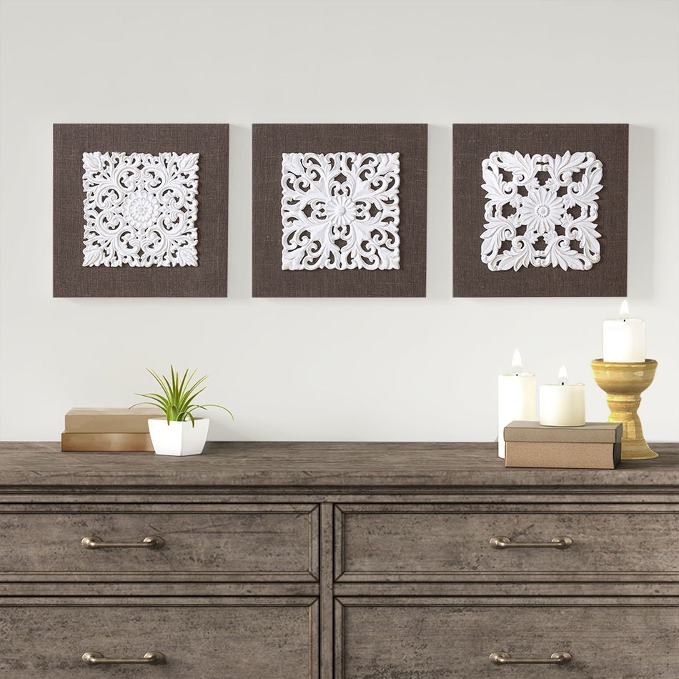 Madison Park White Mandala Trinity 3D Embellished Linen Canvas 3 Piece Wall Art - White / Brown 