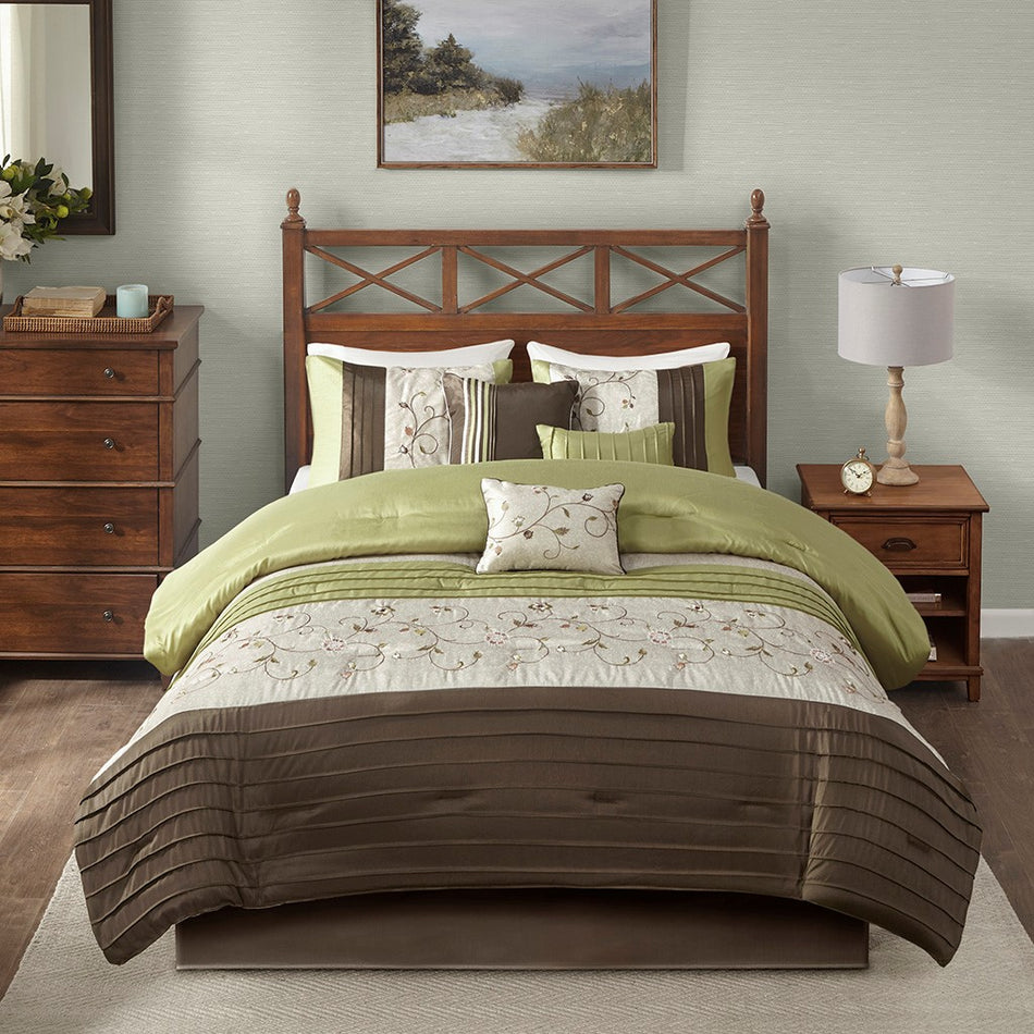 Serene Embroidered 7 Piece Comforter Set - Green - King Size