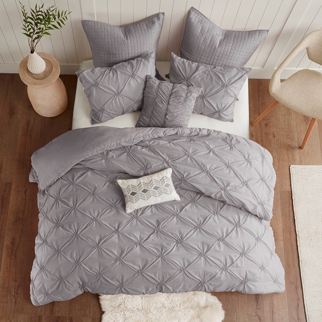 Urban Habitat Talia 7 Piece Elastic Embroidered Chambray Duvet Set - Grey - King Size / Cal King Size