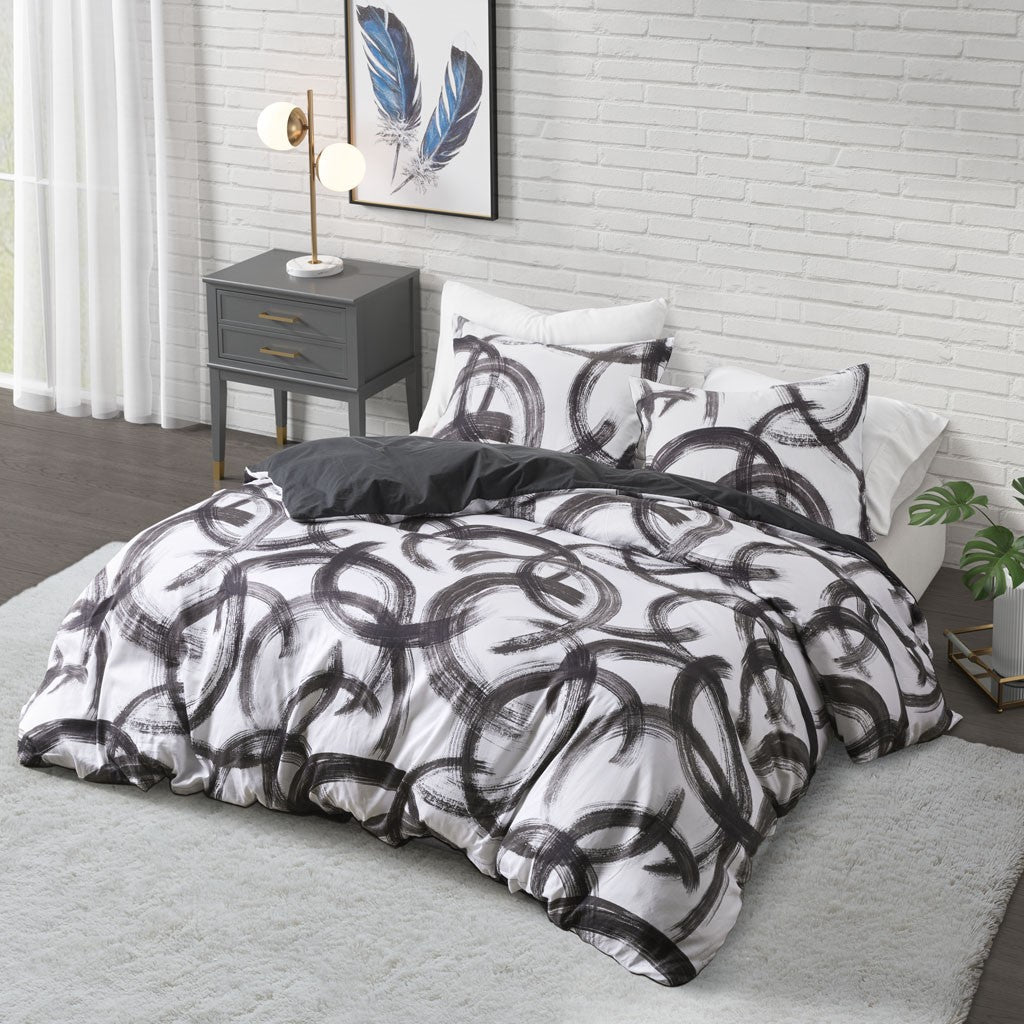CosmoLiving Anaya Cotton Printed Duvet Cover Set - Black / White - Full Size / Queen Size