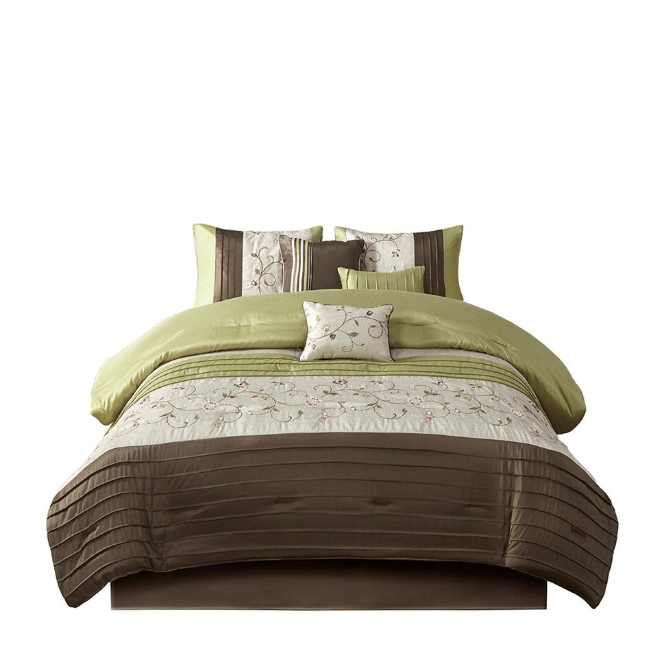 Serene Embroidered 7 Piece Comforter Set - Green - Cal King Size