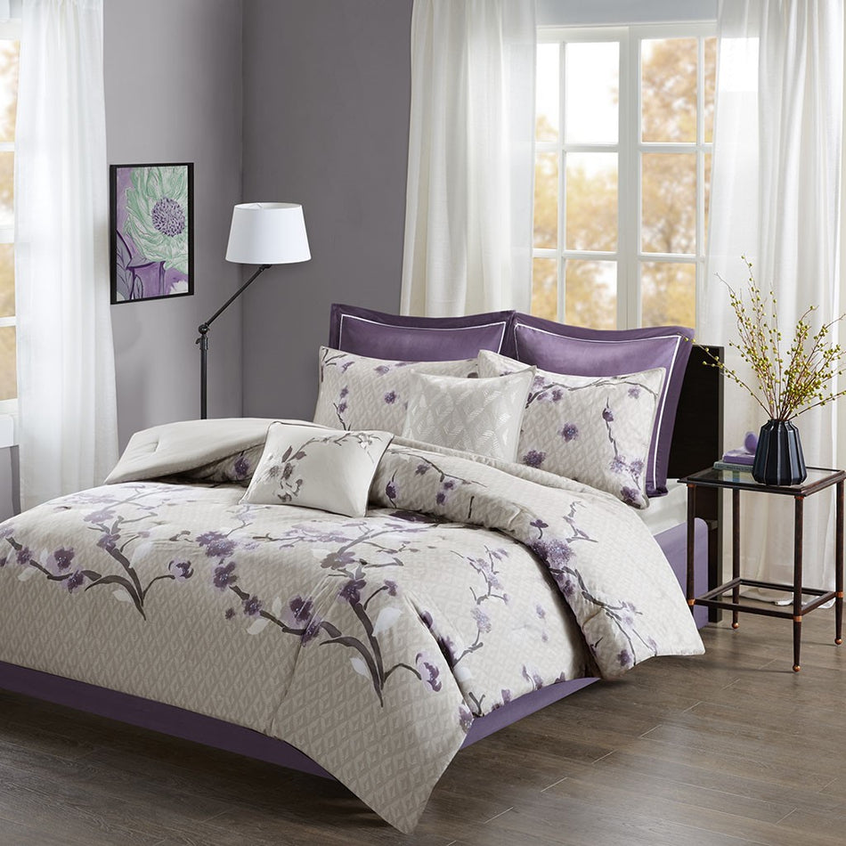 Holly 8 Piece Cotton Comforter Set - Purple - Queen Size