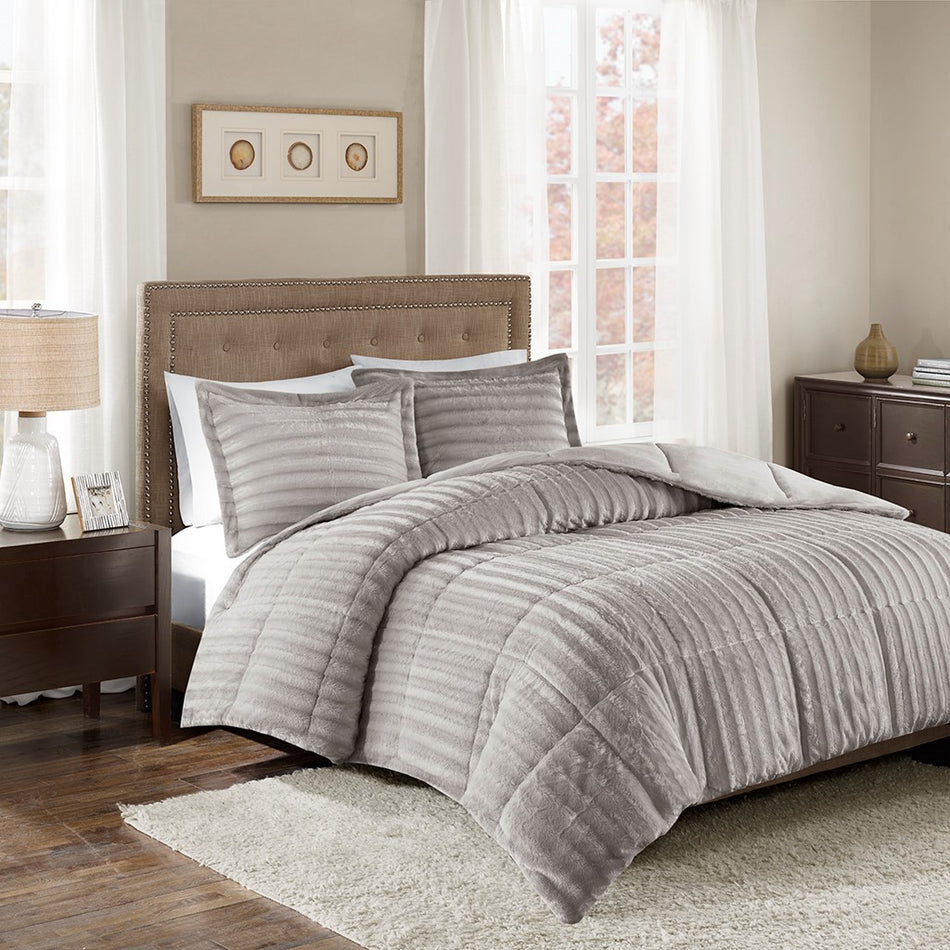 Madison Park Duke Faux Fur Comforter Mini Set - Grey - Full Size / Queen Size