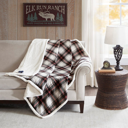Woolrich Ridley Oversized Plaid Print Faux Mink to Berber Heated Throw - Black - 60x70"