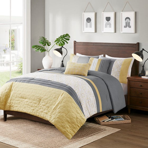 510 Design Donnell Embroidered 5 Piece Comforter Set - Yellow / Grey - Full Size / Queen Size