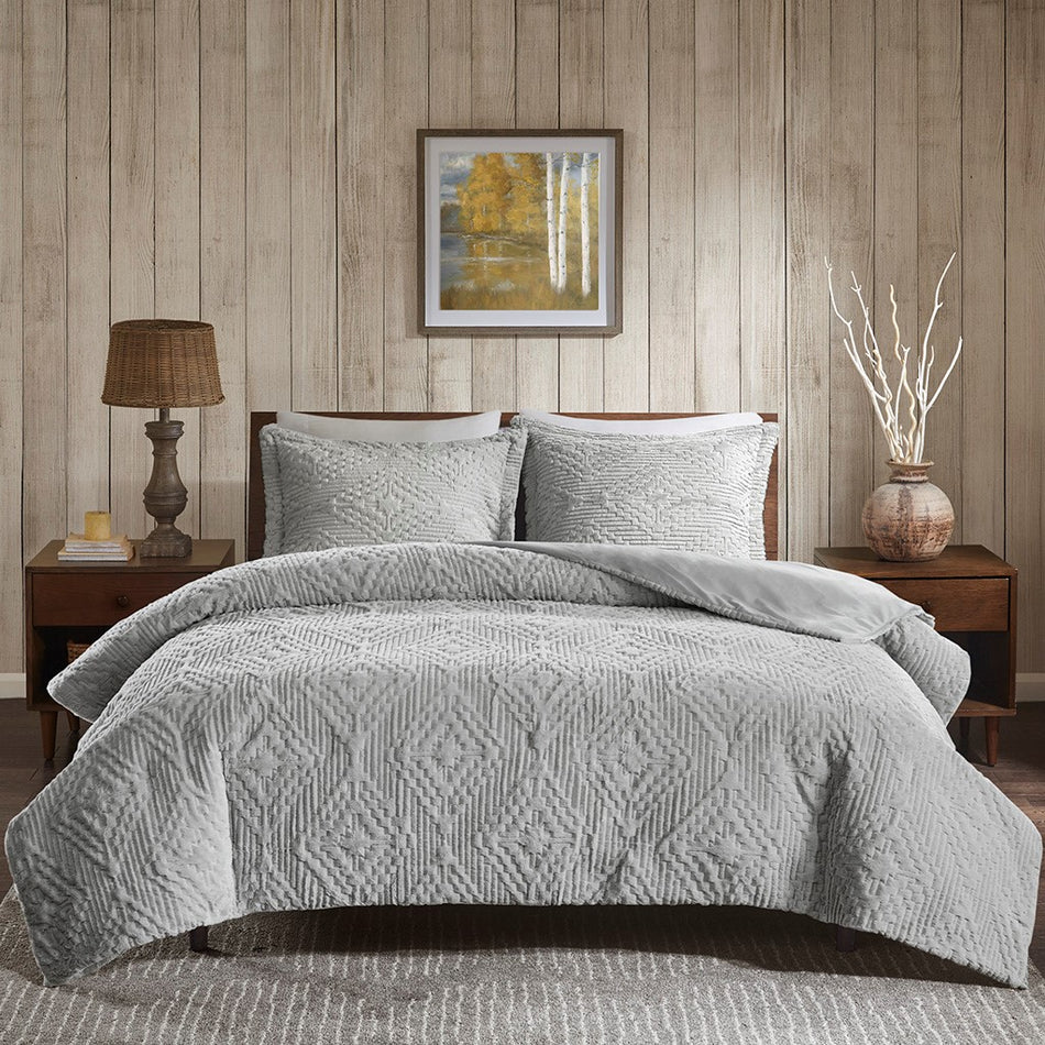 Teton Embroidered Plush Coverlet Set - Grey - Full Size / Queen Size