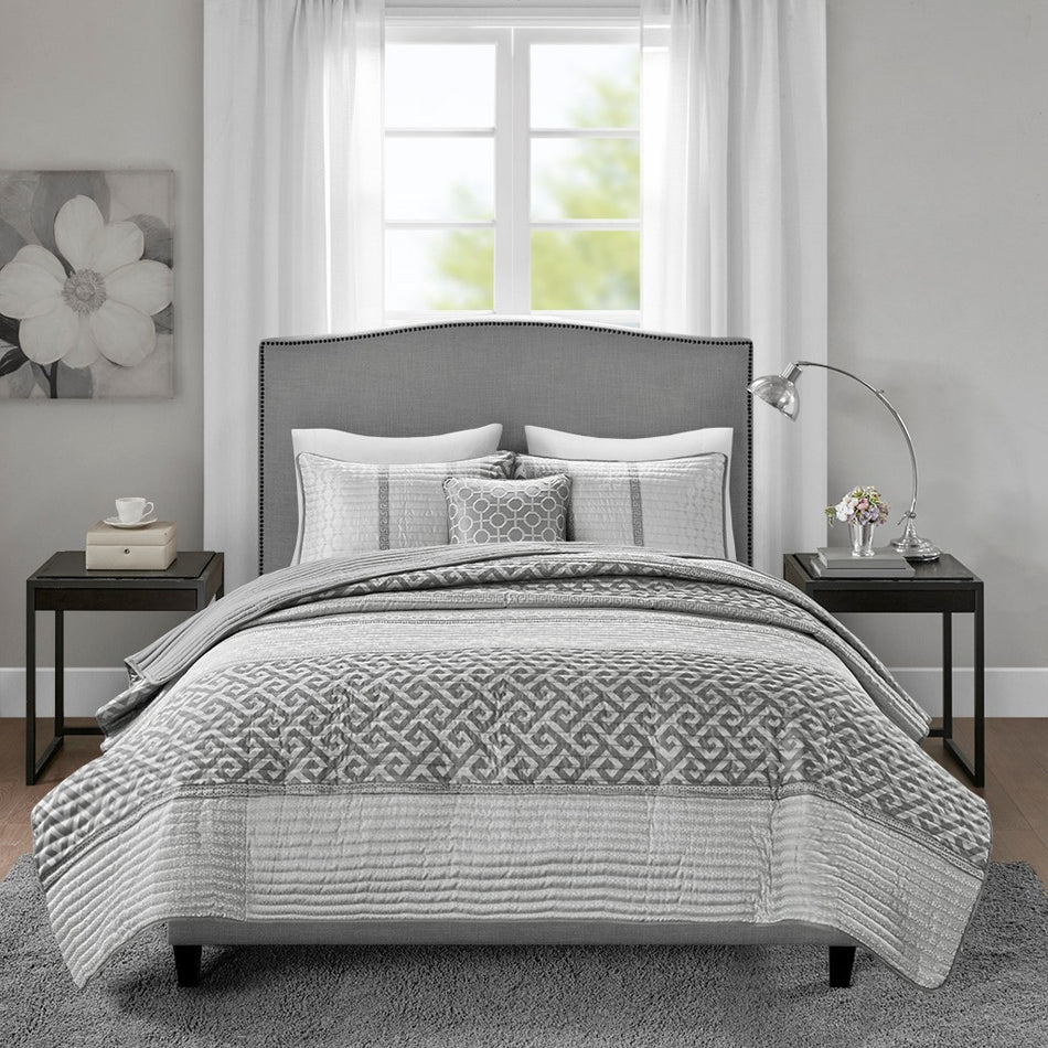 Bennett 4 Piece Jacquard Quilt Set with Throw Pillow - Grey - Full Size / Queen Size