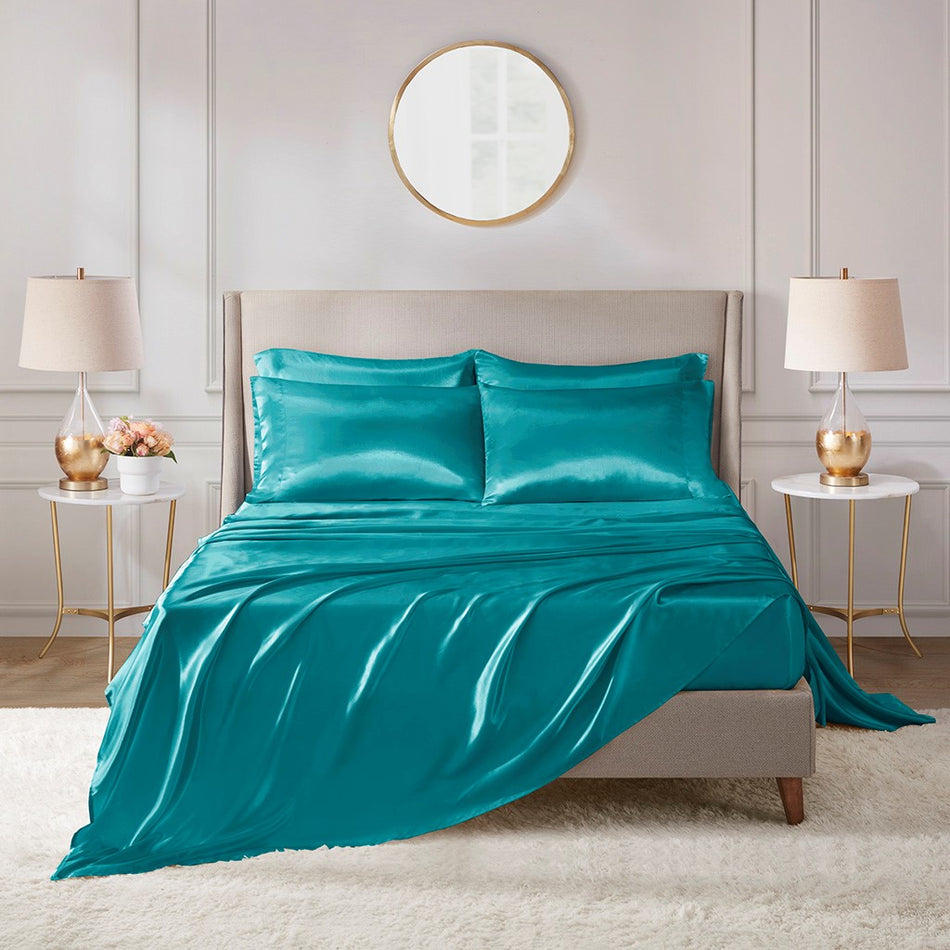 Madison Park Essentials Satin Luxury 6 PC Sheet Set - Teal - King Size