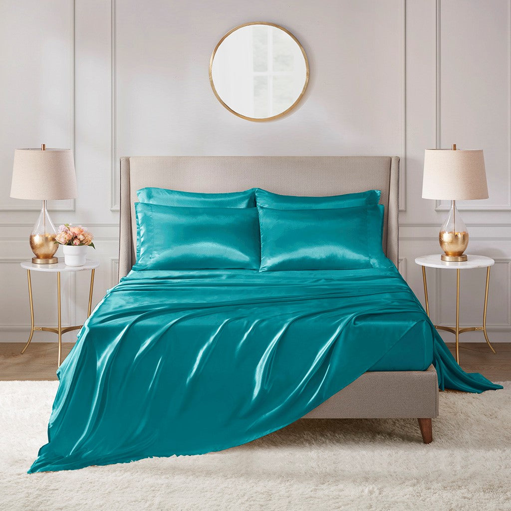 Madison Park Essentials Satin Luxury 6 PC Sheet Set - Teal - Full Size