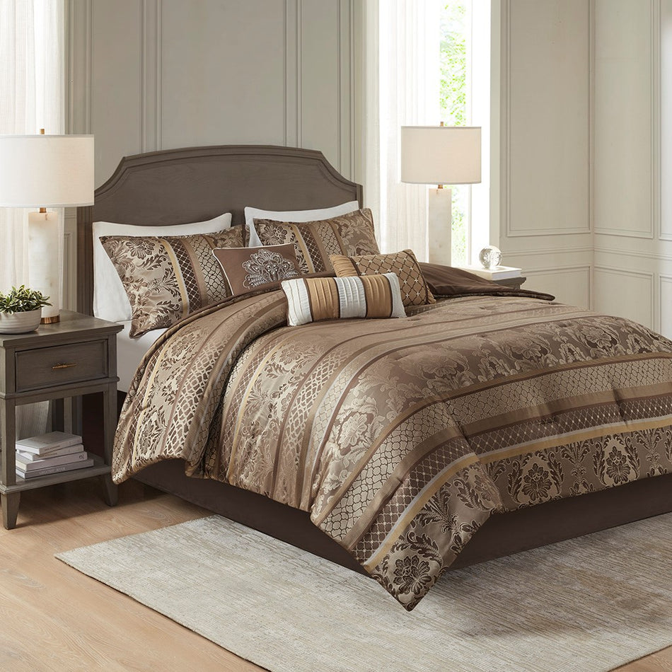 Bellagio 7 Piece Jacquard Comforter Set - Brown / Gold - Queen Size