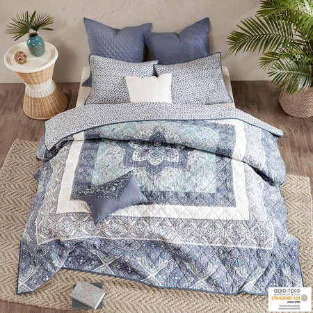Urban Habitat Maggie 7 Piece Reversible Cotton Quilt Set with Euro Shams and Thrwo Pillows - Blue - Full Size / Queen Size