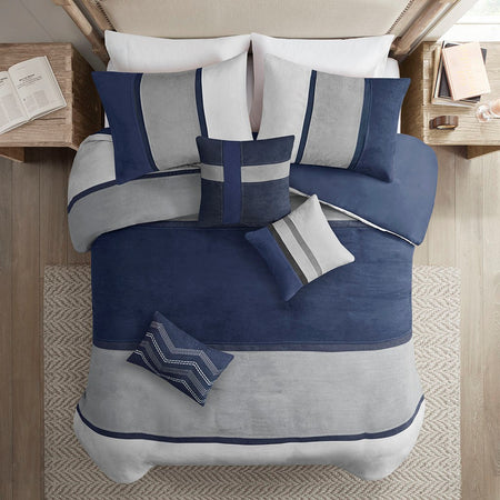 Madison Park Palisades 6 Piece Faux Suede Duvet Set - Blue - Full Size / Queen Size