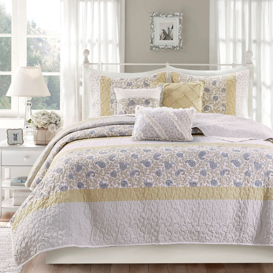 Dawn 6 Piece Cotton Percale Quilt Set with Throw Pillows - Yellow - Full Size / Queen Size