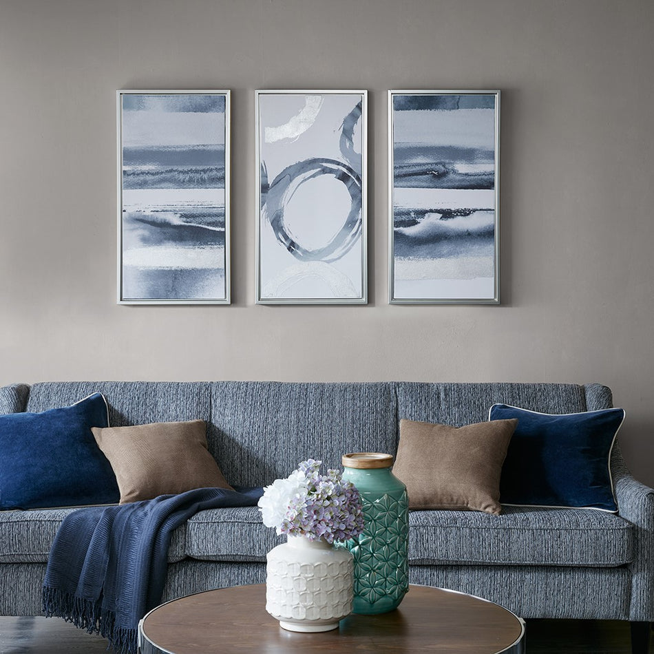 Madison Park Grey Surrounding Printed Frame Canvas With Gel Coat And Silver Foil 3 Piece Set - Grey 