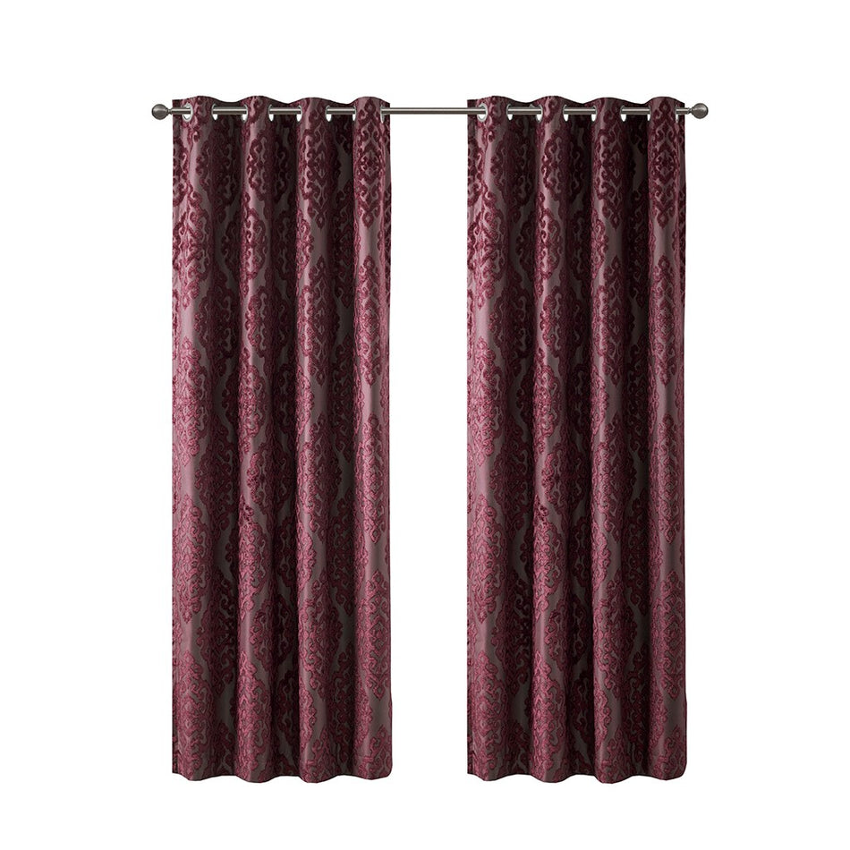 Mirage Knitted Jacquard Damask Total Blackout Grommet Top Curtain Panel - Burgundy - 84" Panel
