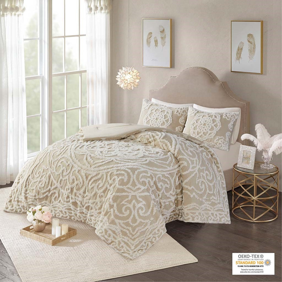 Madison Park Laetitia Tufted Cotton Chenille Medallion Comforter Set - Taupe - Full Size / Queen Size