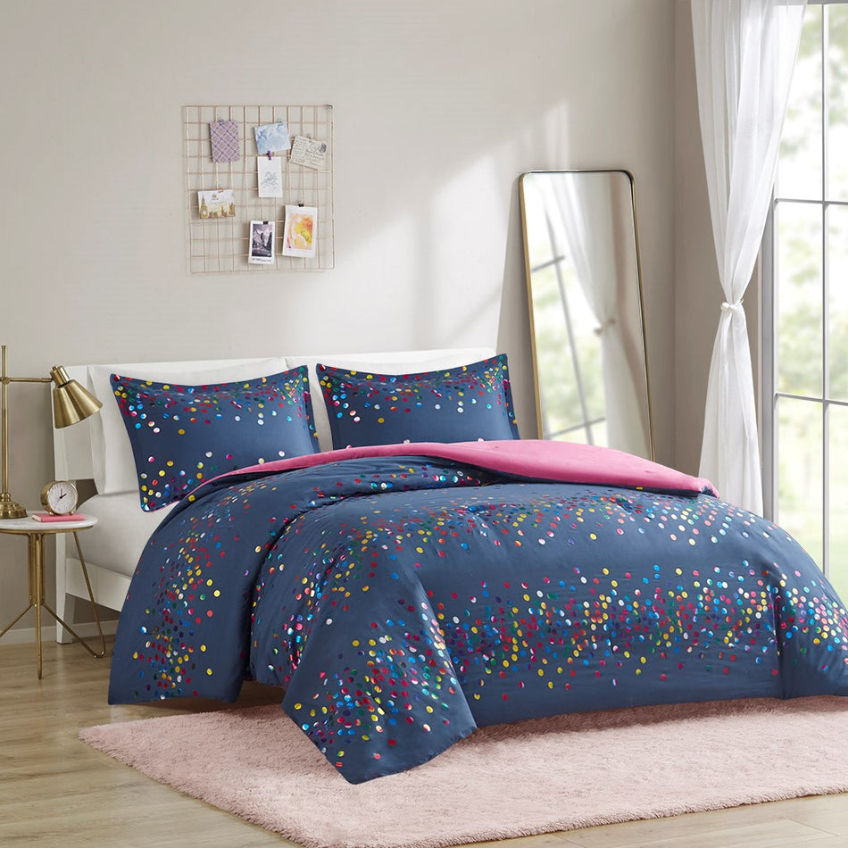 Intelligent Design Janie Rainbow Iridescent Metallic Dot Comforter Set
 - Navy - Full/Queen - ID10-2185