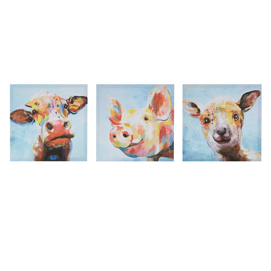 Farm Animals Printed Canvas 3 Piece Set - Blue Multi