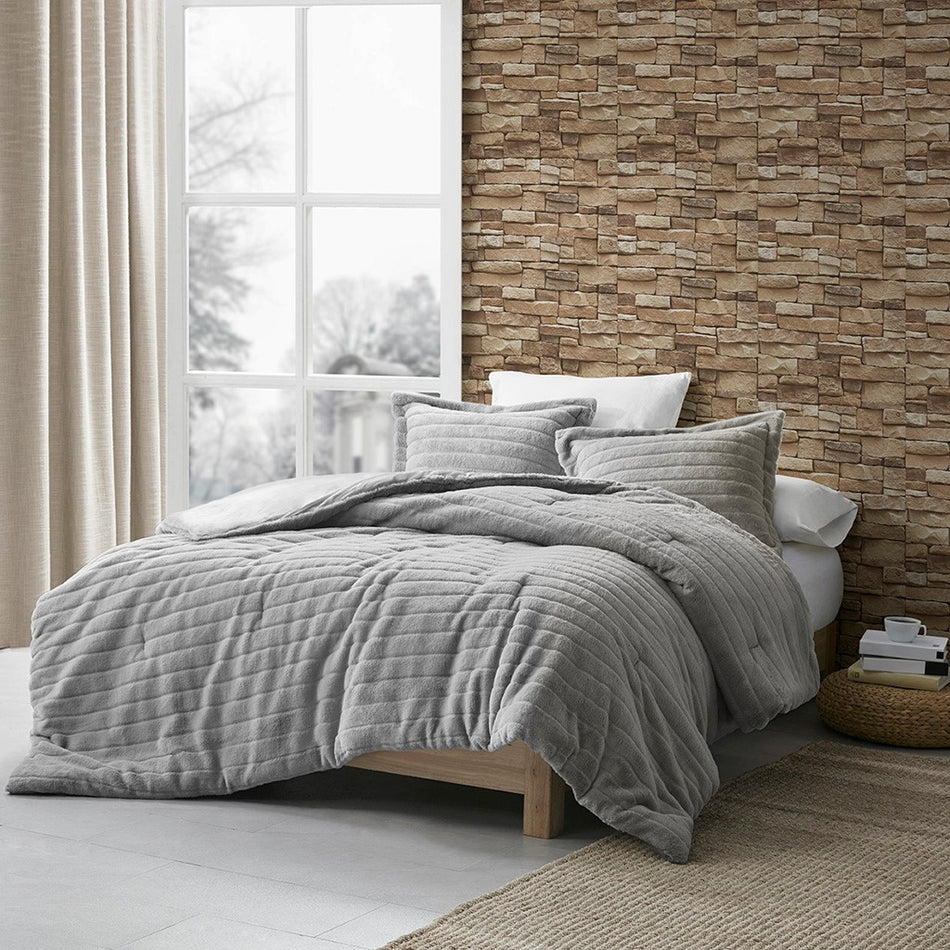 Amara Faux Fur Comforter Set - Grey - Full Size / Queen Size