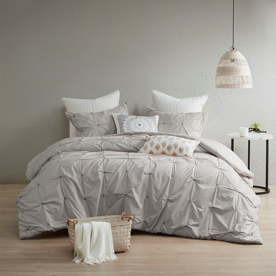 Masie 3 Piece Elastic Embroidered Cotton Duvet Cover Set - Gray - Full Size / Queen Size