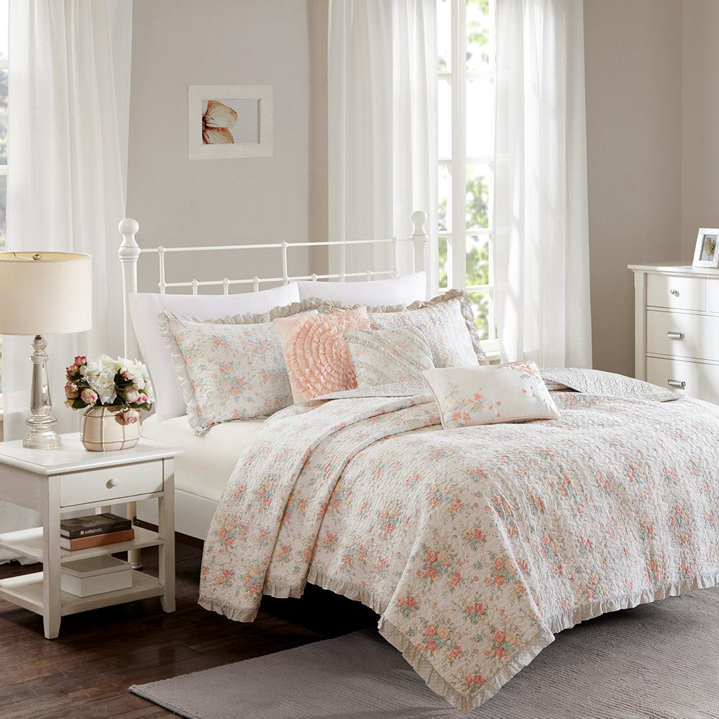 Madison Park Serendipity Cotton Percale Reversible Coverlet Set - Blush - Full Size / Queen Size